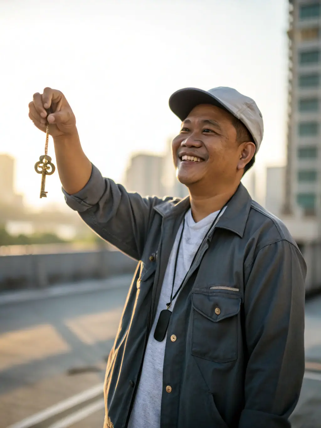 A professional headshot of a landlord smiling confidently while holding keys to a property, symbolizing trust and reliability in property management.