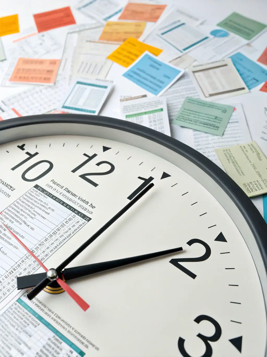 A digital illustration showing a clock with documents flying around it, symbolizing fast turnaround time and efficient processes.